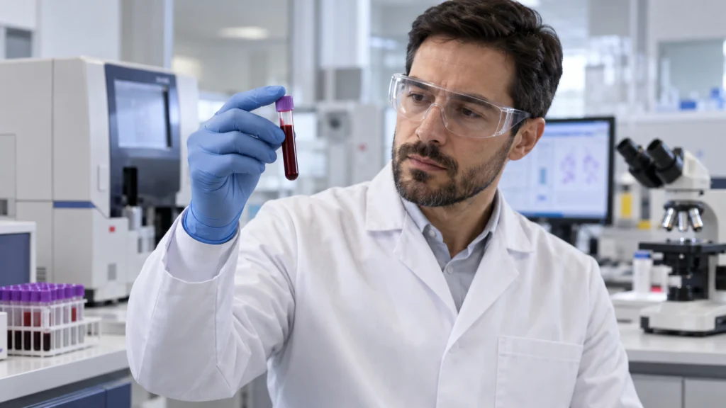 Analista de laboratório examina amostra de sangue para investigação de policitemia vera na urgência.