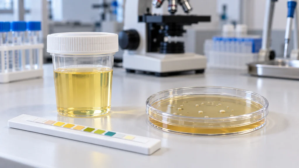 Amostra de urina, fita reagente e placa de cultura em laboratório para ilustrar a diferença entre EAS e urocultura.