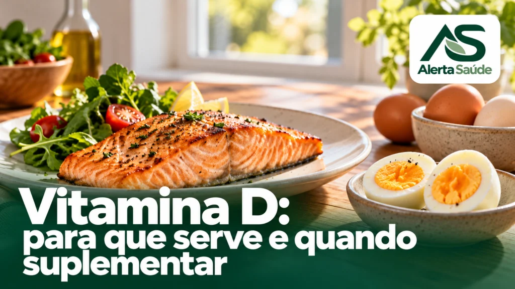 Capa sobre vitamina D com salmão, ovos, logotipo Alerta Saúde e título do artigo.