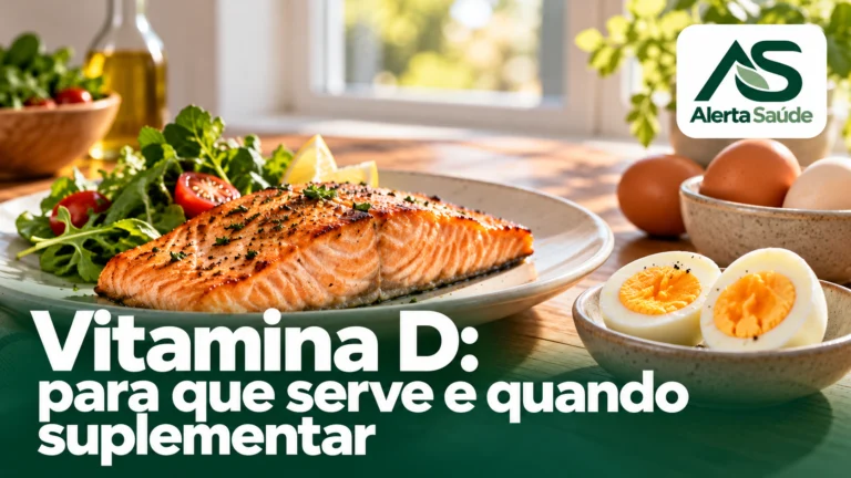 Capa sobre vitamina D com salmão, ovos, logotipo Alerta Saúde e título do artigo.