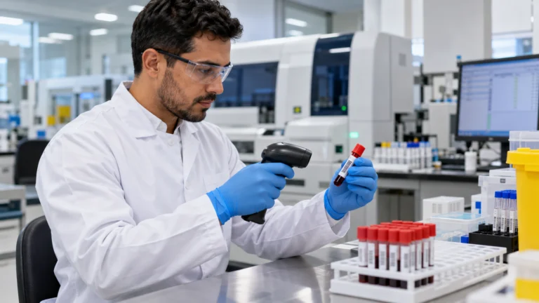Gestão de risco no laboratório com analista conferindo a identificação de uma amostra sanguínea.