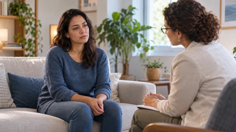 Depressão, ansiedade e tristeza: mulher recebe acolhimento durante conversa com profissional de saúde mental.