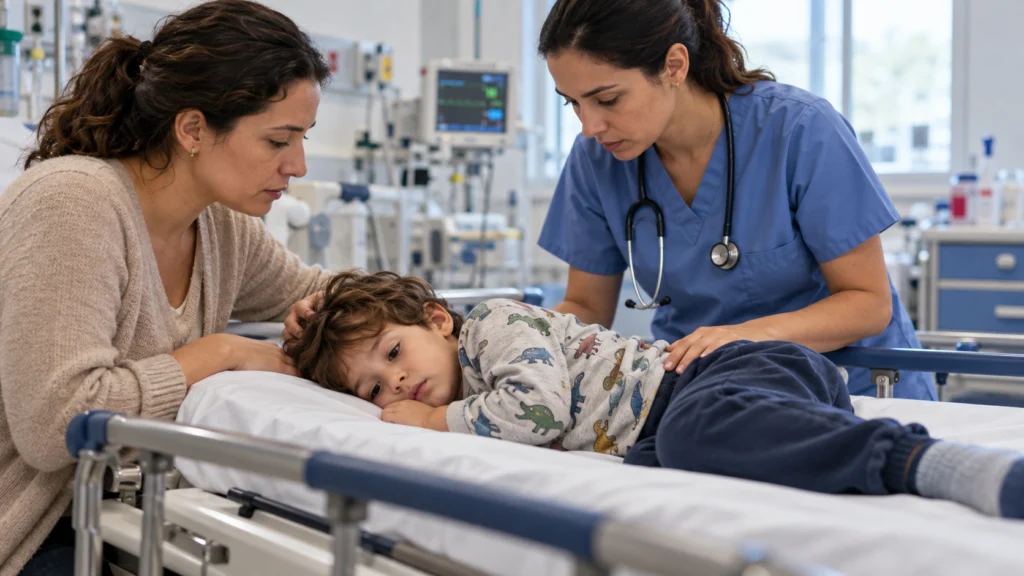 Criança deitada ao lado da mãe recebe atendimento de uma profissional de saúde após convulsão infantil.