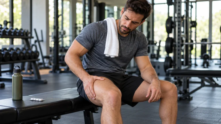 Homem com dor muscular pós-treino na coxa, em capa do Alerta Saúde sobre anti-inflamatórios.