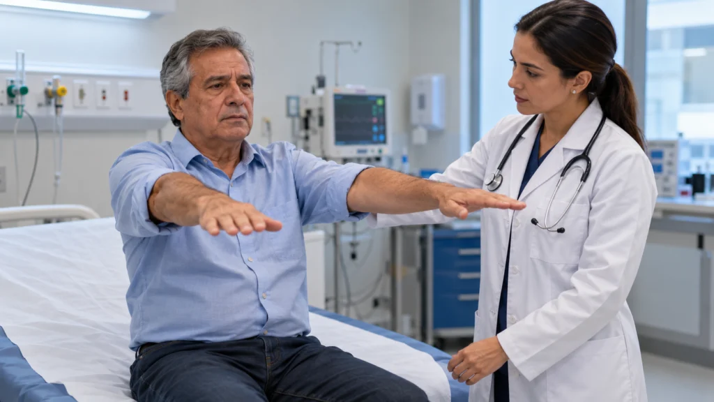 Médica avalia a força dos braços de um paciente.