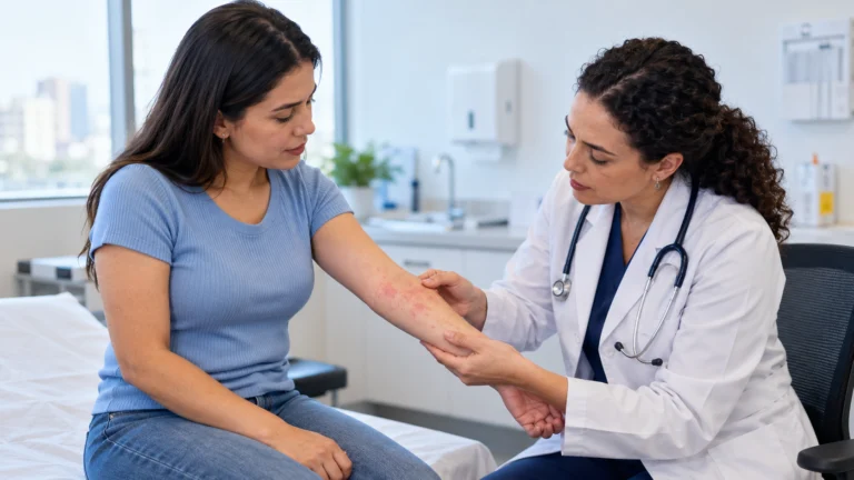 Tipos de alergia: médica examina irritação no braço de uma paciente.