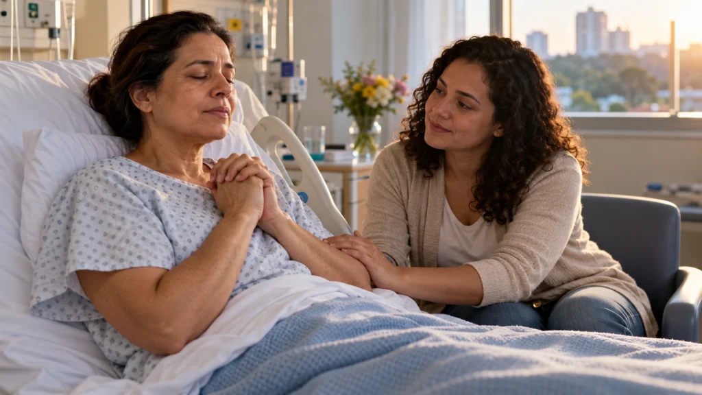 Mulher em oração recebe apoio de outra mulher, ilustrando a espiritualidade na recuperação de uma doença.