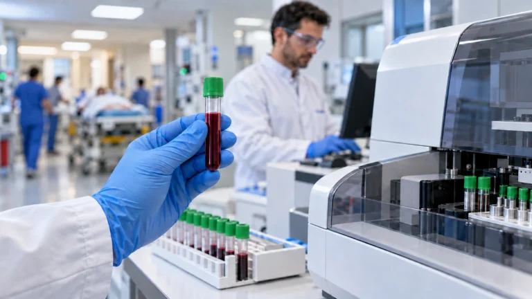 Tubo de tampa verde com sangue integral em laboratório, ilustrando o exame de mioglobina na urgência.