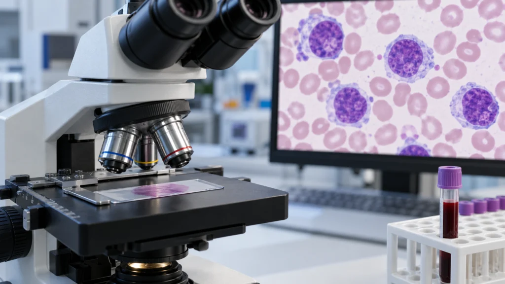 Blastos no hemograma: microscópio com lâmina de sangue, tubo de tampa roxa e monitor com células sanguíneas.