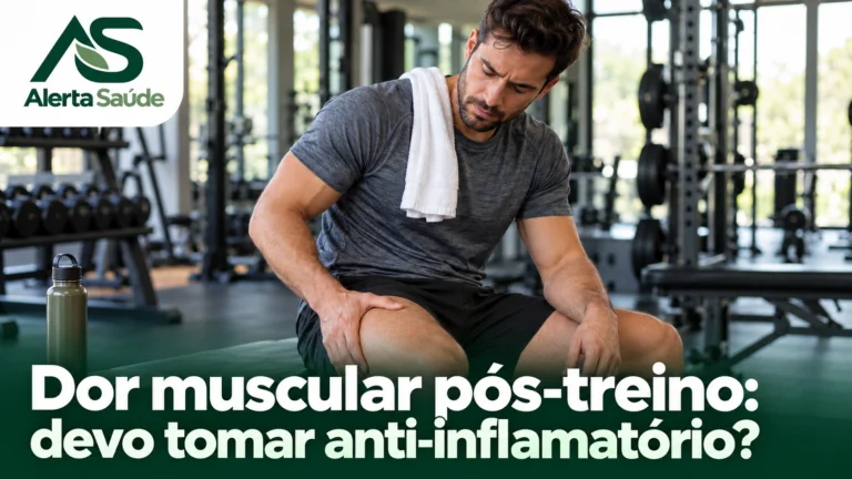 Homem com dor muscular pós-treino na coxa, em capa do Alerta Saúde sobre anti-inflamatórios.