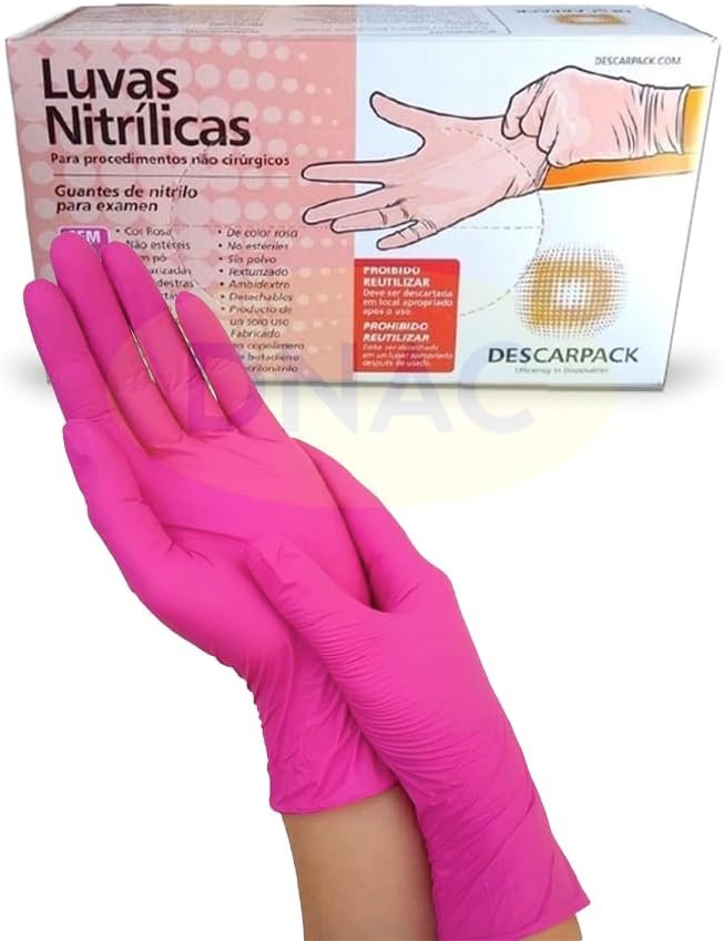 Luva Nitrílica Multiuso De Proteção Rosa Sem Pó, 100 Unidades, Descarpack – Tamanho M