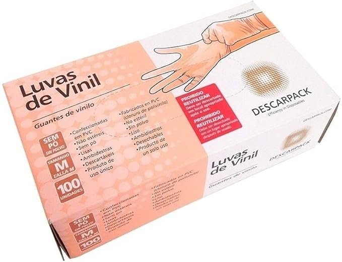 Luva de Vinil Sem Pó Tamanho M Descarpack – Caixa com 100 Unidades